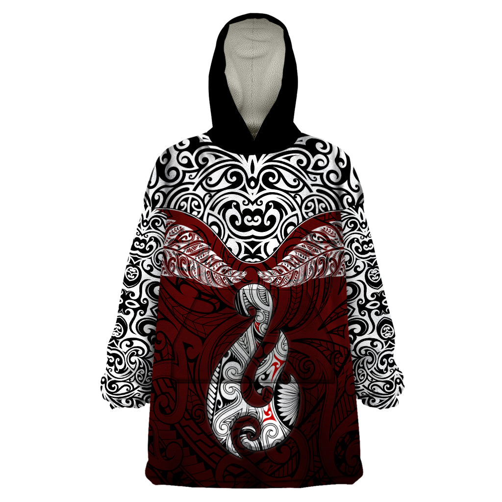 Aotearoa New Zealand Wearable Blanket Hoodie Silver Fern and Matau with Maori Tribal Red Style LT03 One Size Red - Polynesian Pride