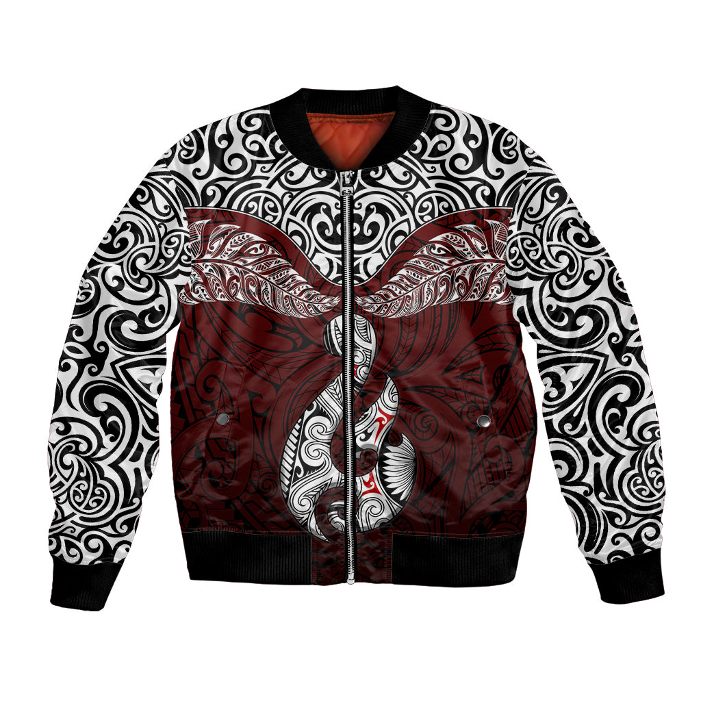 Custom Aotearoa New Zealand Bomber Jacket Silver Fern and Matau with Maori Tribal Red Style LT03 Unisex Red - Polynesian Pride