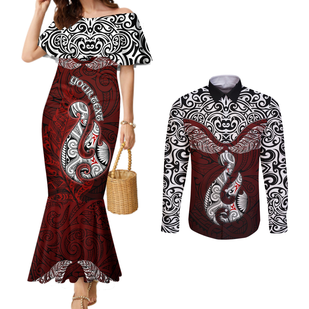 Custom Aotearoa New Zealand Couples Matching Mermaid Dress and Long Sleeve Button Shirts Silver Fern and Matau with Maori Tribal Red Style LT03 Red - Polynesian Pride