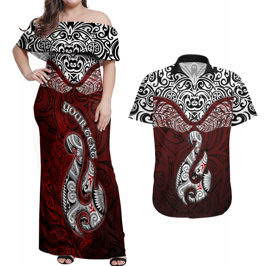 Custom Aotearoa New Zealand Couples Matching Off Shoulder Maxi Dress and Hawaiian Shirt Silver Fern and Matau with Maori Tribal Red Style LT03 Red - Polynesian Pride