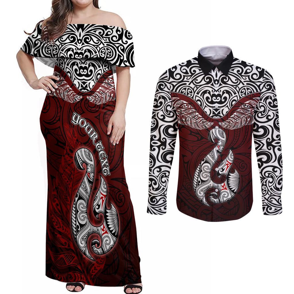 Custom Aotearoa New Zealand Couples Matching Off Shoulder Maxi Dress and Long Sleeve Button Shirts Silver Fern and Matau with Maori Tribal Red Style LT03 Red - Polynesian Pride