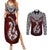 Custom Aotearoa New Zealand Couples Matching Summer Maxi Dress and Long Sleeve Button Shirts Silver Fern and Matau with Maori Tribal Red Style LT03 Red - Polynesian Pride