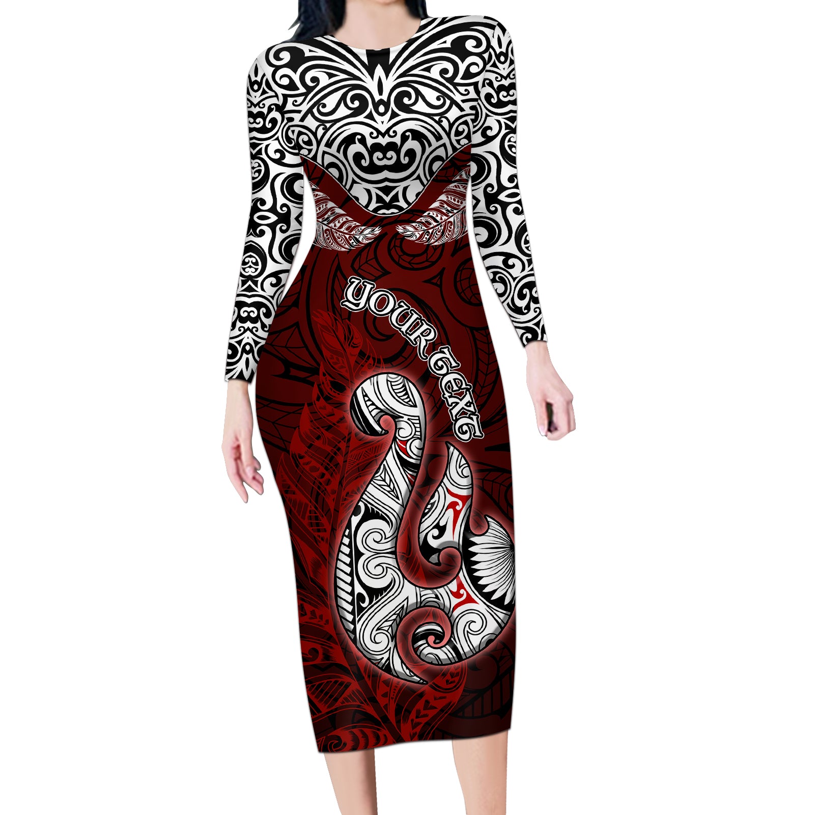 Custom Aotearoa New Zealand Long Sleeve Bodycon Dress Silver Fern and Matau with Maori Tribal Red Style LT03 Long Dress Red - Polynesian Pride