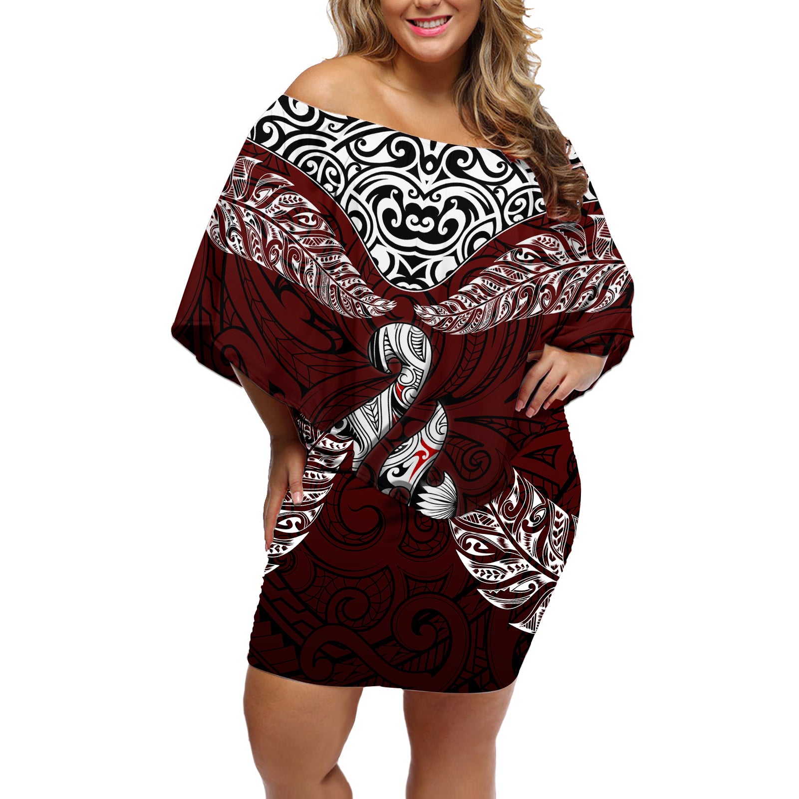 Custom Aotearoa New Zealand Off Shoulder Short Dress Silver Fern and Matau with Maori Tribal Red Style LT03 Women Red - Polynesian Pride