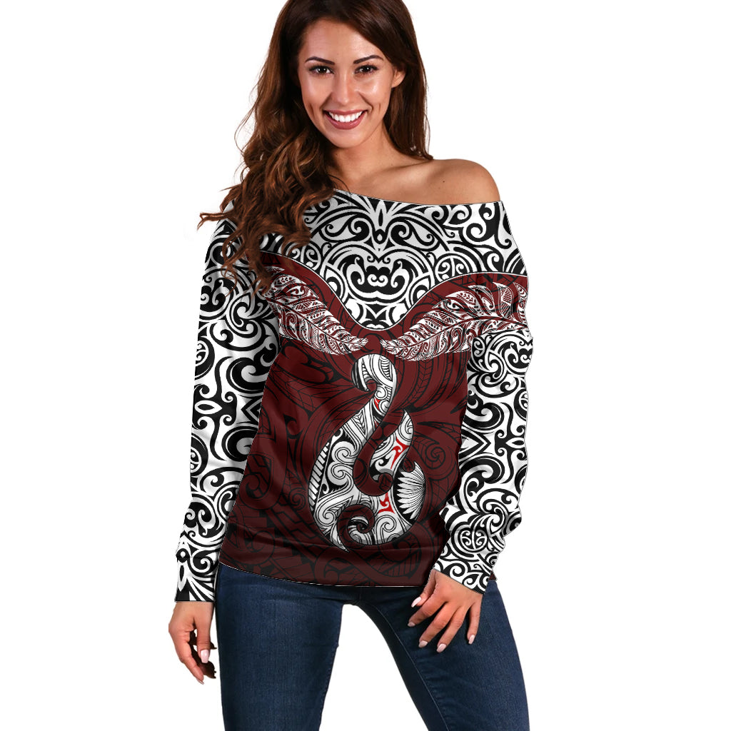 Custom Aotearoa New Zealand Off Shoulder Sweater Silver Fern and Matau with Maori Tribal Red Style LT03 Women Red - Polynesian Pride