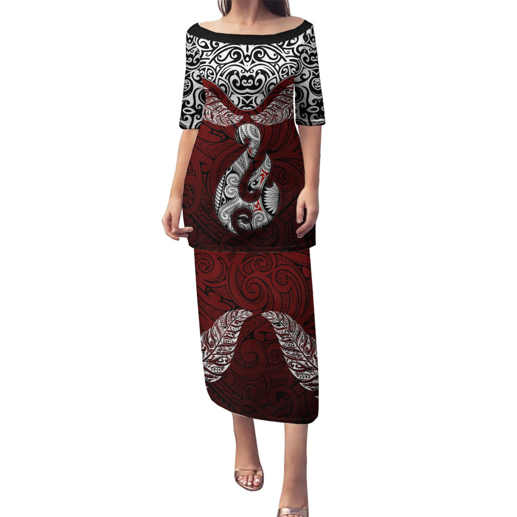 Custom Aotearoa New Zealand Puletasi Silver Fern and Matau with Maori Tribal Red Style LT03 Long Dress Red - Polynesian Pride