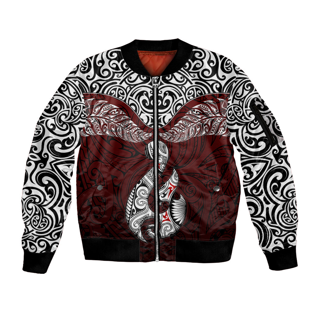 Custom Aotearoa New Zealand Sleeve Zip Bomber Jacket Silver Fern and Matau with Maori Tribal Red Style LT03 Unisex Red - Polynesian Pride