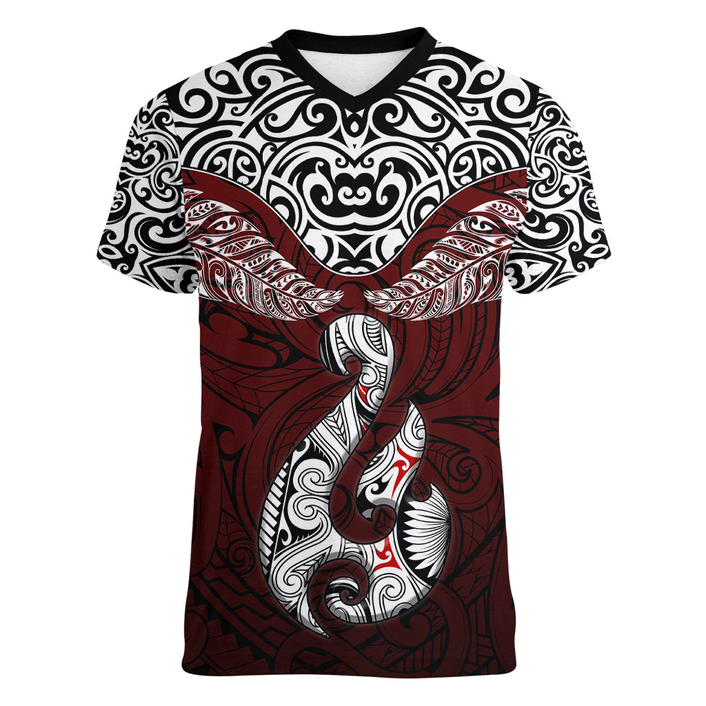 Custom Aotearoa New Zealand Women V Neck T Shirt Silver Fern and Matau with Maori Tribal Red Style LT03 Female Red - Polynesian Pride