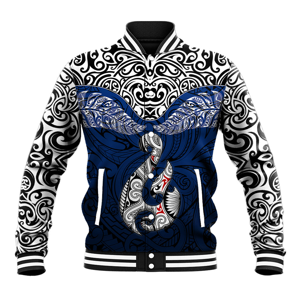 Aotearoa New Zealand Baseball Jacket Silver Fern and Matau with Maori Tribal Blue Style LT03 Unisex Blue - Polynesian Pride