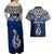 Aotearoa New Zealand Couples Matching Off Shoulder Maxi Dress and Hawaiian Shirt Silver Fern and Matau with Maori Tribal Blue Style LT03 - Polynesian Pride