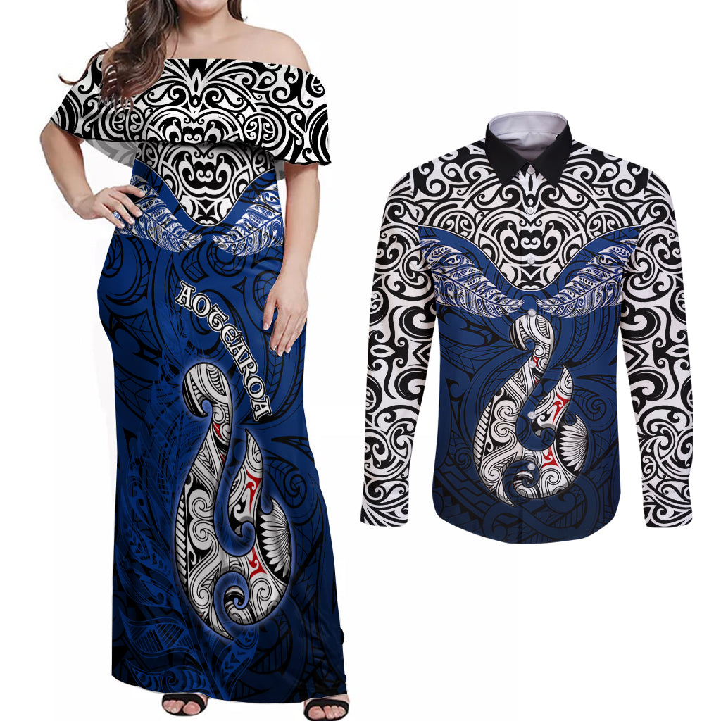 Aotearoa New Zealand Couples Matching Off Shoulder Maxi Dress and Long Sleeve Button Shirts Silver Fern and Matau with Maori Tribal Blue Style LT03 Blue - Polynesian Pride