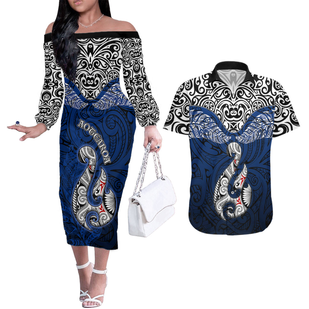 Aotearoa New Zealand Couples Matching Off The Shoulder Long Sleeve Dress and Hawaiian Shirt Silver Fern and Matau with Maori Tribal Blue Style LT03 Blue - Polynesian Pride