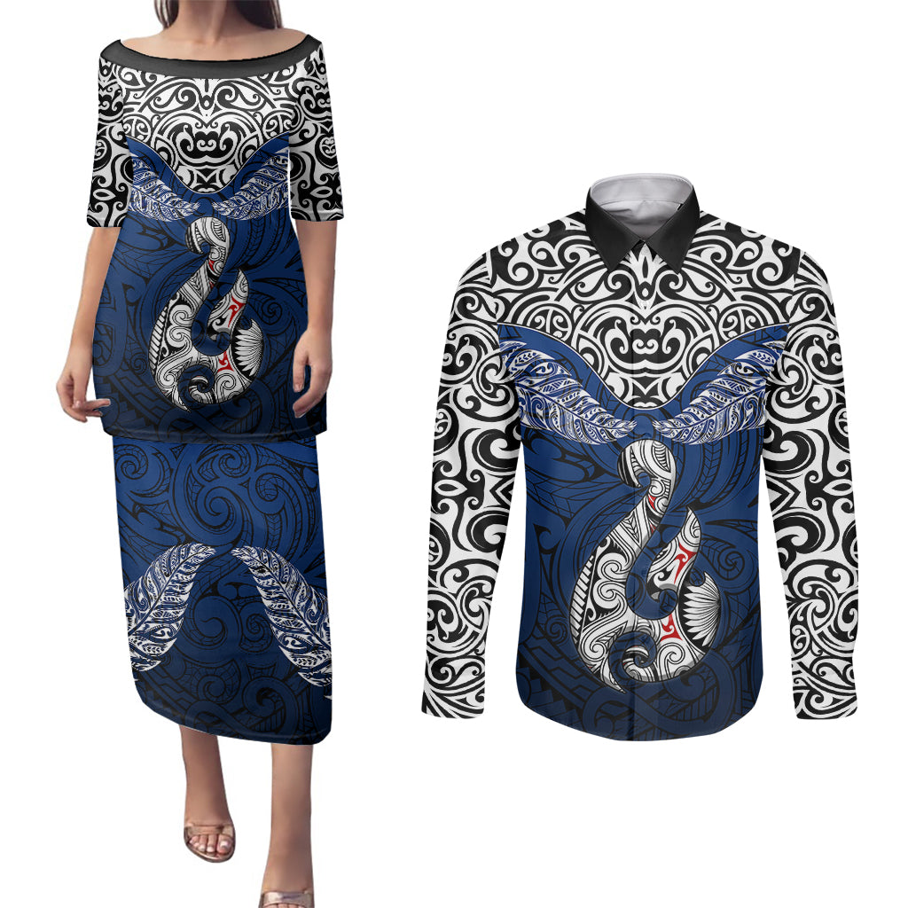 Aotearoa New Zealand Couples Matching Puletasi Dress and Long Sleeve Button Shirts Silver Fern and Matau with Maori Tribal Blue Style LT03 Blue - Polynesian Pride