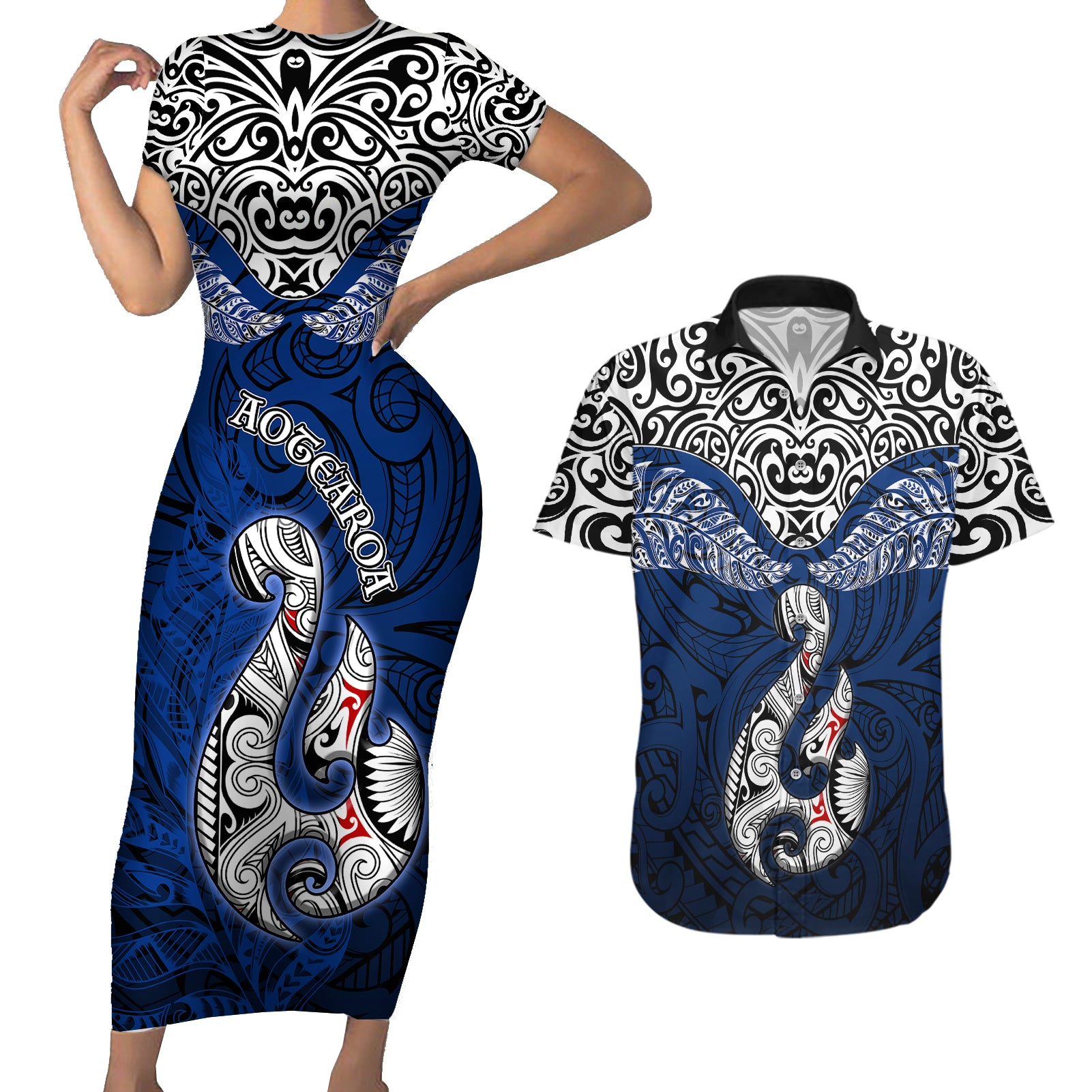 Aotearoa New Zealand Couples Matching Short Sleeve Bodycon Dress and Hawaiian Shirt Silver Fern and Matau with Maori Tribal Blue Style LT03 Blue - Polynesian Pride