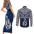 Aotearoa New Zealand Couples Matching Short Sleeve Bodycon Dress and Long Sleeve Button Shirts Silver Fern and Matau with Maori Tribal Blue Style LT03 - Polynesian Pride