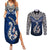 Aotearoa New Zealand Couples Matching Summer Maxi Dress and Long Sleeve Button Shirts Silver Fern and Matau with Maori Tribal Blue Style LT03 Blue - Polynesian Pride