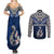 Aotearoa New Zealand Couples Matching Summer Maxi Dress and Long Sleeve Button Shirts Silver Fern and Matau with Maori Tribal Blue Style LT03 - Polynesian Pride