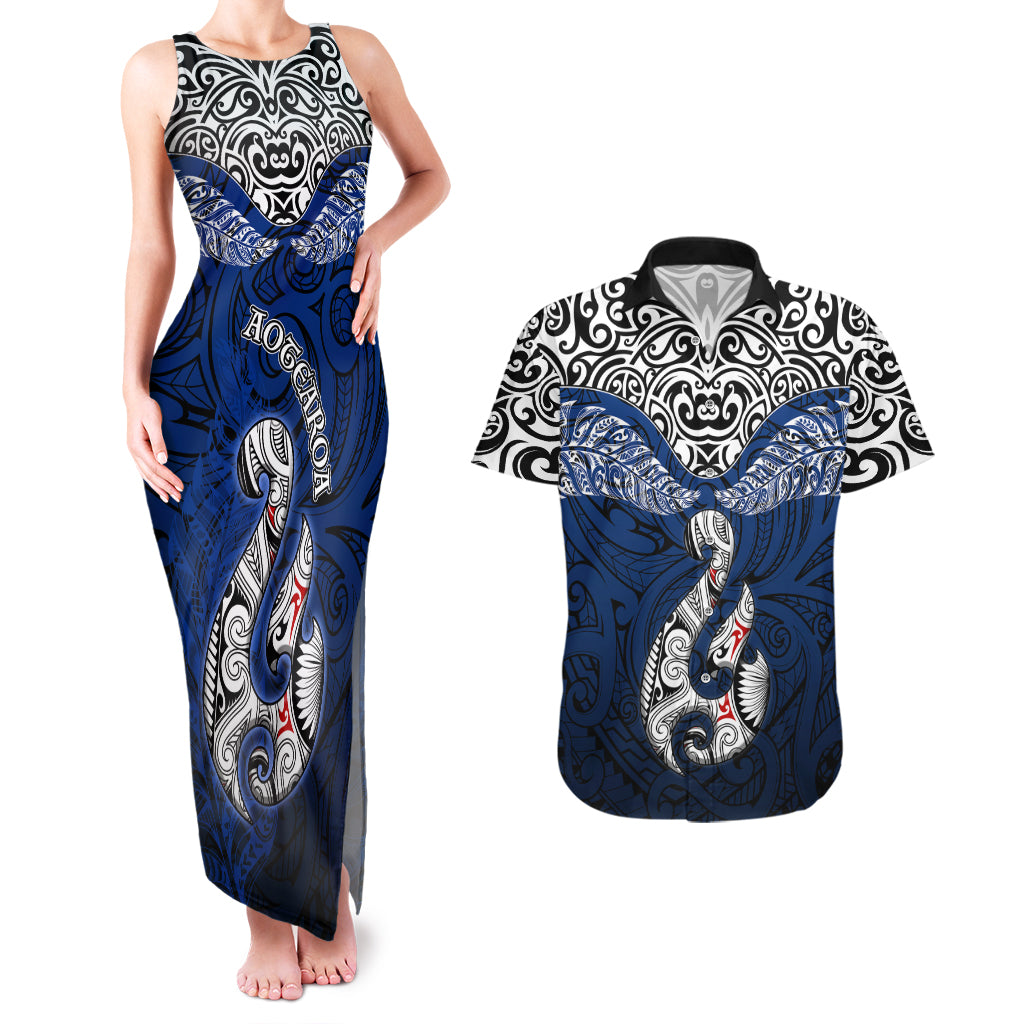 Aotearoa New Zealand Couples Matching Tank Maxi Dress and Hawaiian Shirt Silver Fern and Matau with Maori Tribal Blue Style LT03 Blue - Polynesian Pride