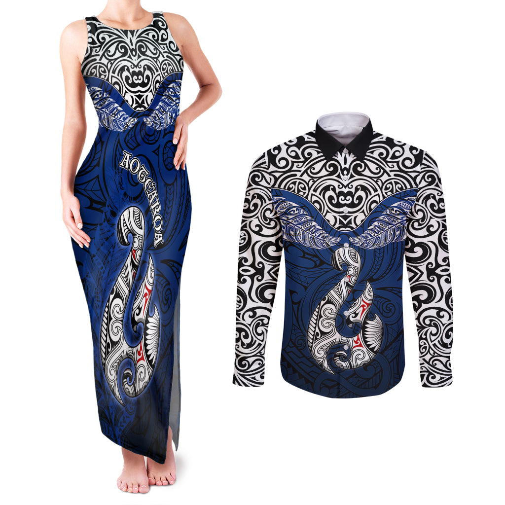 Aotearoa New Zealand Couples Matching Tank Maxi Dress and Long Sleeve Button Shirts Silver Fern and Matau with Maori Tribal Blue Style LT03 Blue - Polynesian Pride