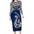 Aotearoa New Zealand Long Sleeve Bodycon Dress Silver Fern and Matau with Maori Tribal Blue Style LT03 Long Dress Blue - Polynesian Pride