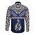 Aotearoa New Zealand Long Sleeve Button Shirt Silver Fern and Matau with Maori Tribal Blue Style LT03 - Polynesian Pride