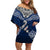 Aotearoa New Zealand Off Shoulder Short Dress Silver Fern and Matau with Maori Tribal Blue Style LT03 Women Blue - Polynesian Pride