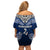 Aotearoa New Zealand Off Shoulder Short Dress Silver Fern and Matau with Maori Tribal Blue Style LT03 - Polynesian Pride