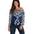 Aotearoa New Zealand Off Shoulder Sweater Silver Fern and Matau with Maori Tribal Blue Style LT03 Women Blue - Polynesian Pride