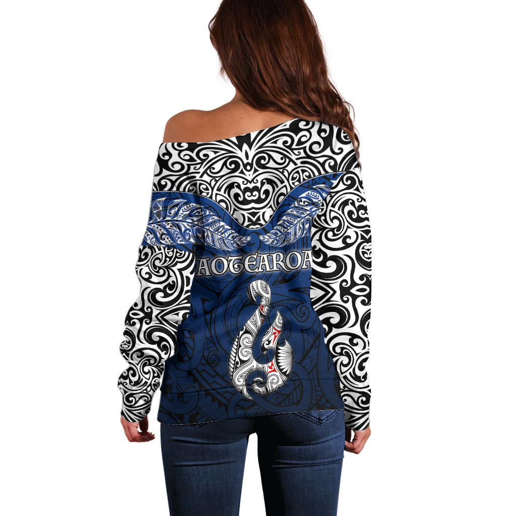 Aotearoa New Zealand Off Shoulder Sweater Silver Fern and Matau with Maori Tribal Blue Style LT03 - Polynesian Pride
