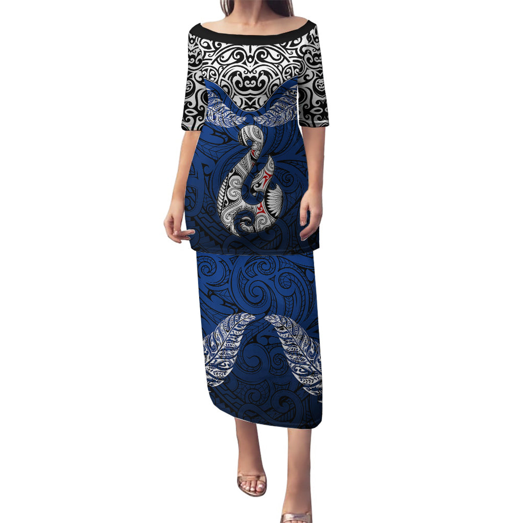 Aotearoa New Zealand Puletasi Silver Fern and Matau with Maori Tribal Blue Style LT03 Long Dress Blue - Polynesian Pride