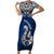 Aotearoa New Zealand Short Sleeve Bodycon Dress Silver Fern and Matau with Maori Tribal Blue Style LT03 Long Dress Blue - Polynesian Pride