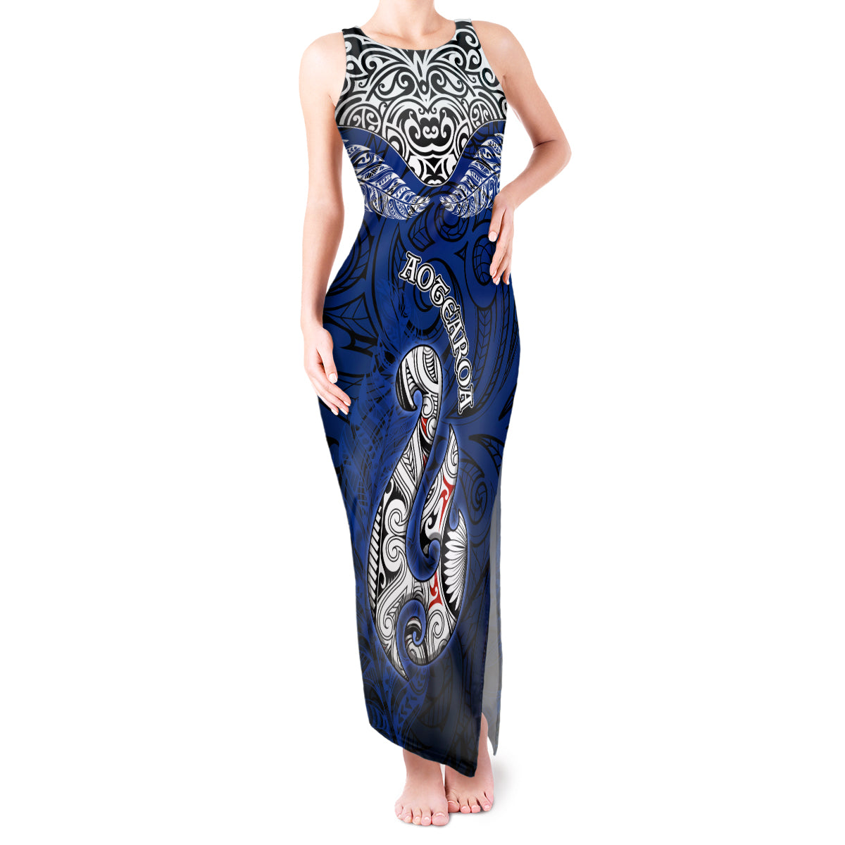 Aotearoa New Zealand Tank Maxi Dress Silver Fern and Matau with Maori Tribal Blue Style LT03 Women Blue - Polynesian Pride