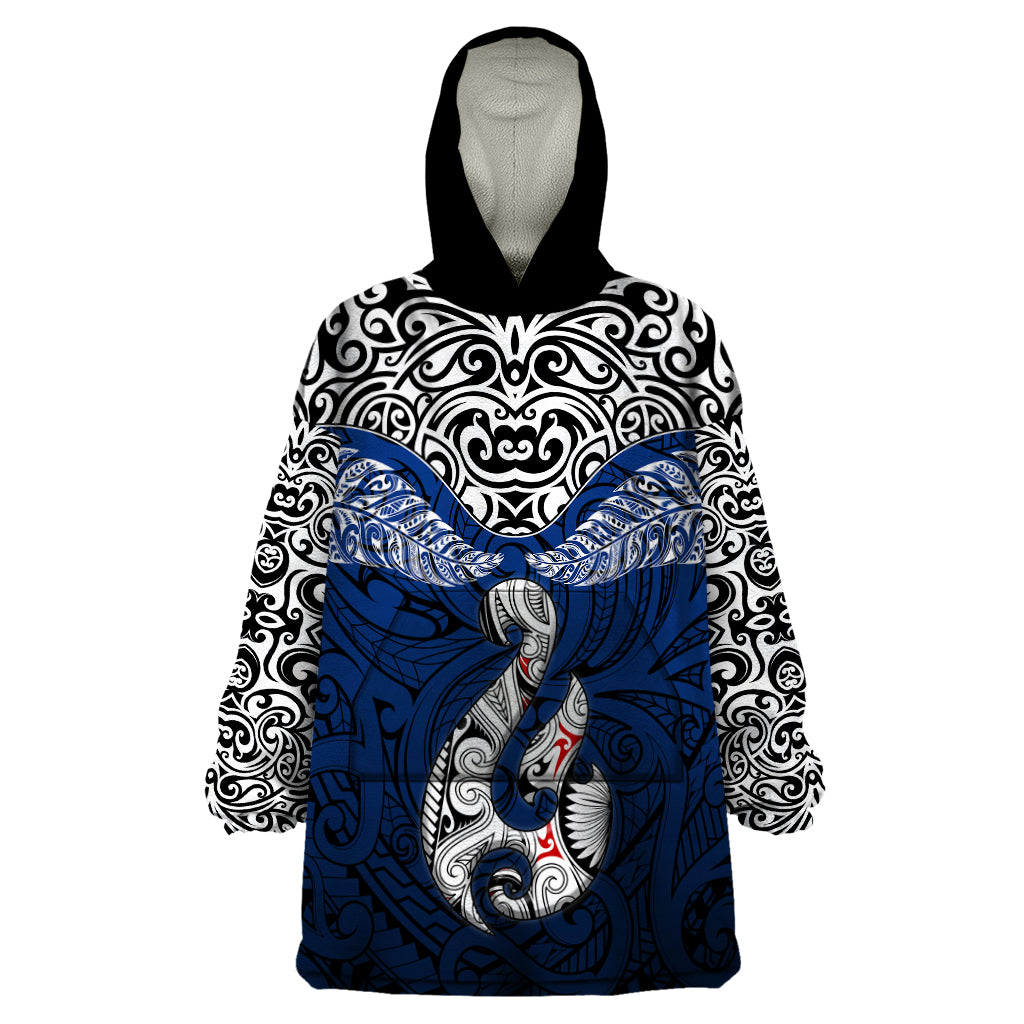 Aotearoa New Zealand Wearable Blanket Hoodie Silver Fern and Matau with Maori Tribal Blue Style LT03 One Size Blue - Polynesian Pride