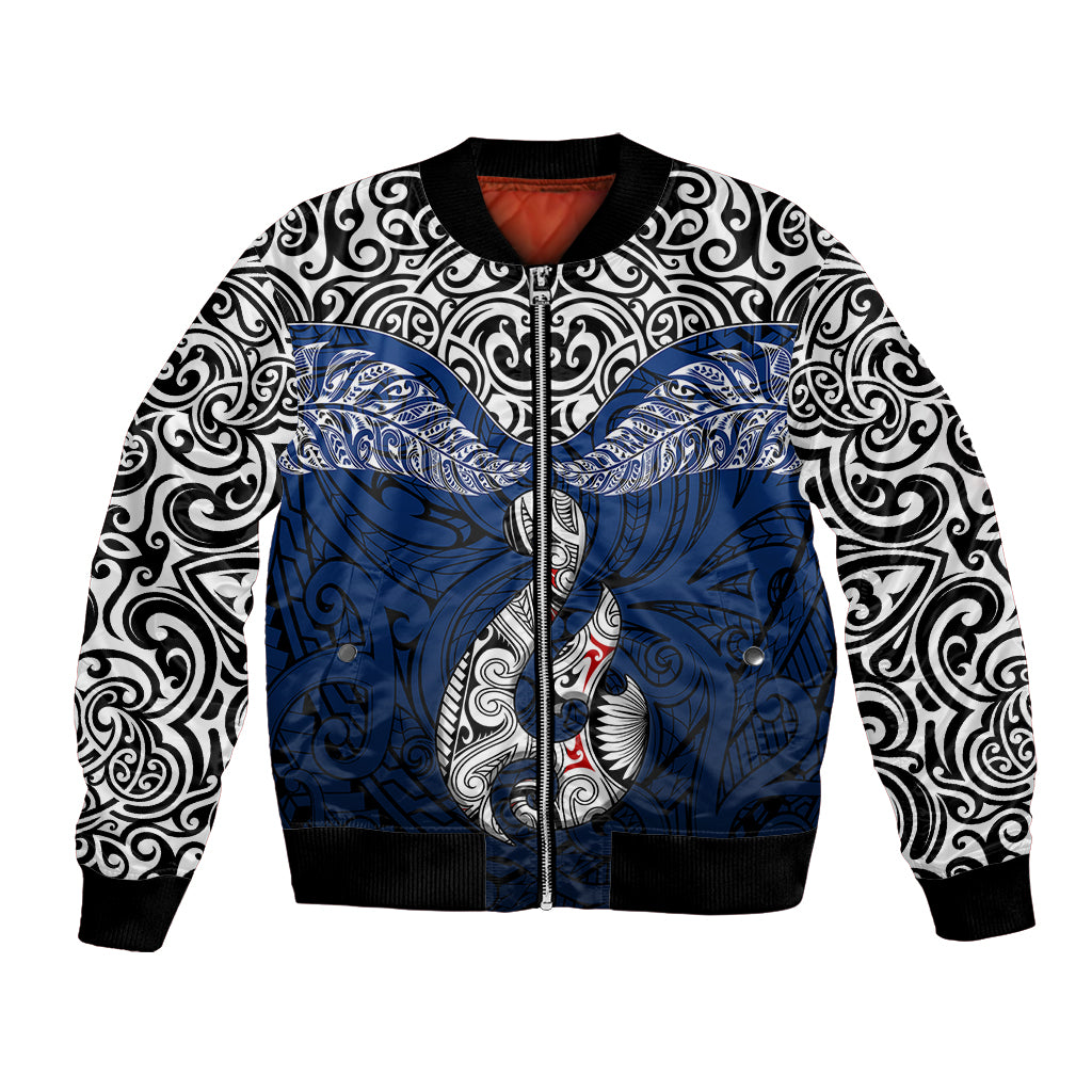 Custom Aotearoa New Zealand Bomber Jacket Silver Fern and Matau with Maori Tribal Blue Style LT03 Unisex Blue - Polynesian Pride