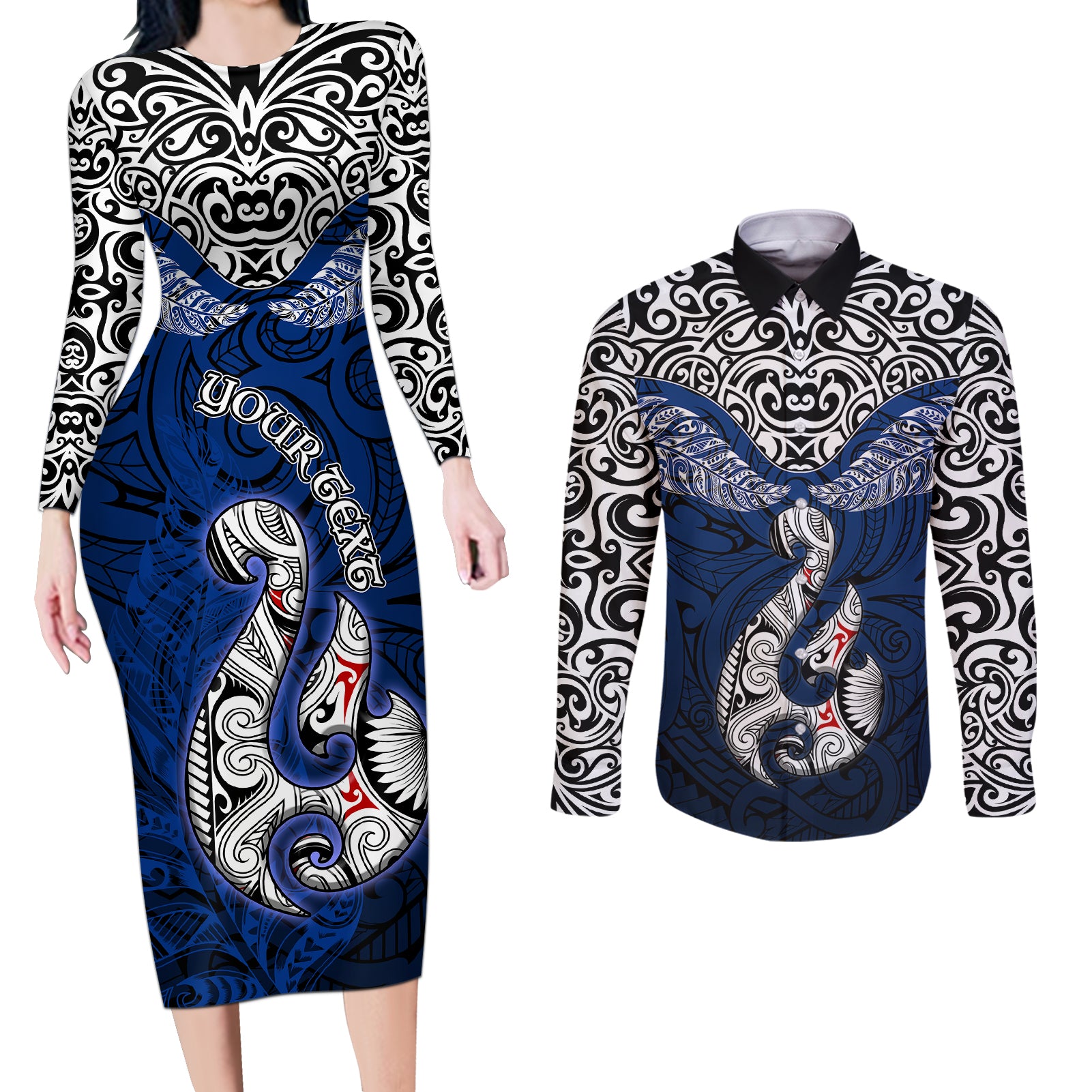 Custom Aotearoa New Zealand Couples Matching Long Sleeve Bodycon Dress and Long Sleeve Button Shirts Silver Fern and Matau with Maori Tribal Blue Style LT03 Blue - Polynesian Pride