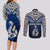 Custom Aotearoa New Zealand Couples Matching Long Sleeve Bodycon Dress and Long Sleeve Button Shirts Silver Fern and Matau with Maori Tribal Blue Style LT03 - Polynesian Pride