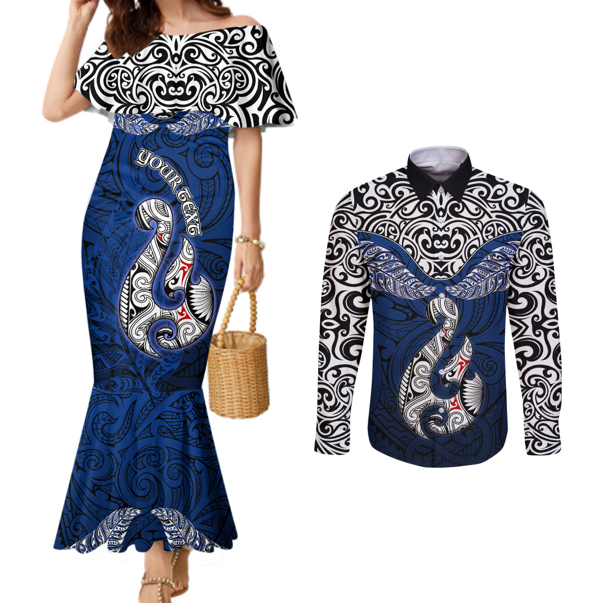 Custom Aotearoa New Zealand Couples Matching Mermaid Dress and Long Sleeve Button Shirts Silver Fern and Matau with Maori Tribal Blue Style LT03 Blue - Polynesian Pride