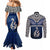 Custom Aotearoa New Zealand Couples Matching Mermaid Dress and Long Sleeve Button Shirts Silver Fern and Matau with Maori Tribal Blue Style LT03 - Polynesian Pride