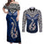 Custom Aotearoa New Zealand Couples Matching Off Shoulder Maxi Dress and Long Sleeve Button Shirts Silver Fern and Matau with Maori Tribal Blue Style LT03 Blue - Polynesian Pride