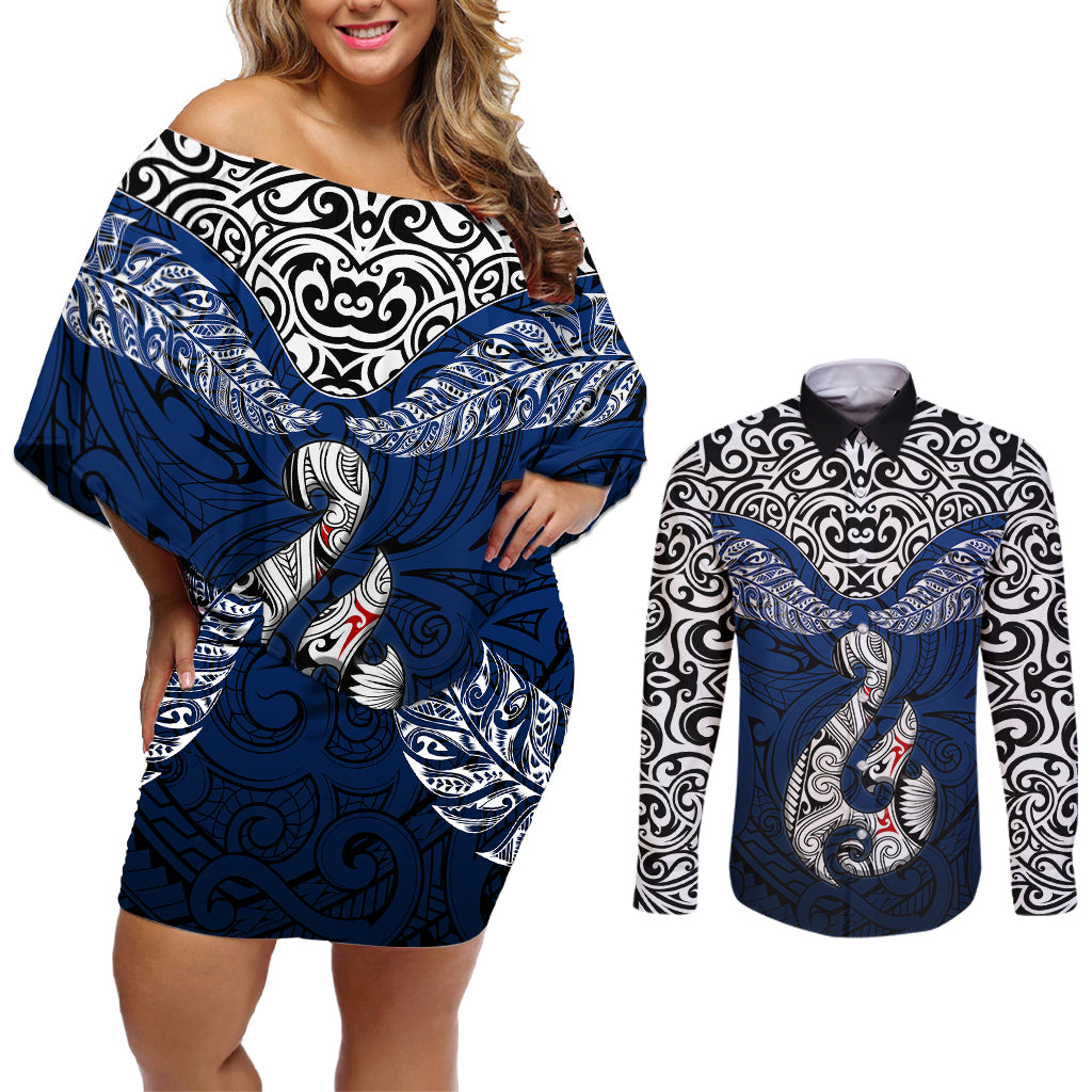 Custom Aotearoa New Zealand Couples Matching Off Shoulder Short Dress and Long Sleeve Button Shirts Silver Fern and Matau with Maori Tribal Blue Style LT03 Blue - Polynesian Pride