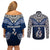 Custom Aotearoa New Zealand Couples Matching Off Shoulder Short Dress and Long Sleeve Button Shirts Silver Fern and Matau with Maori Tribal Blue Style LT03 - Polynesian Pride