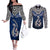 Custom Aotearoa New Zealand Couples Matching Off The Shoulder Long Sleeve Dress and Long Sleeve Button Shirts Silver Fern and Matau with Maori Tribal Blue Style LT03 Blue - Polynesian Pride