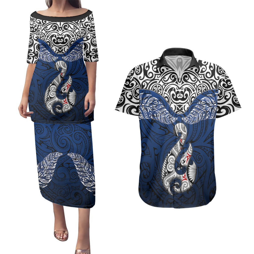 Custom Aotearoa New Zealand Couples Matching Puletasi Dress and Hawaiian Shirt Silver Fern and Matau with Maori Tribal Blue Style LT03 Blue - Polynesian Pride