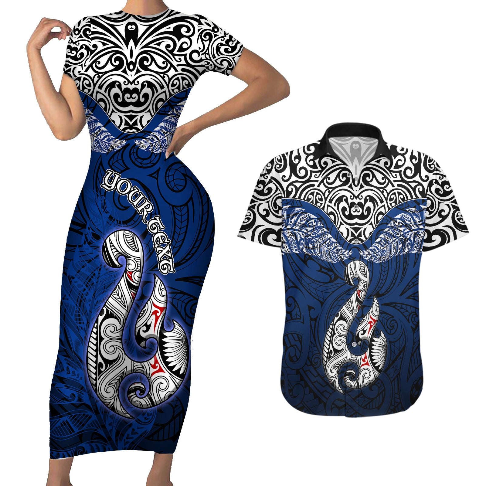 Custom Aotearoa New Zealand Couples Matching Short Sleeve Bodycon Dress and Hawaiian Shirt Silver Fern and Matau with Maori Tribal Blue Style LT03 Blue - Polynesian Pride