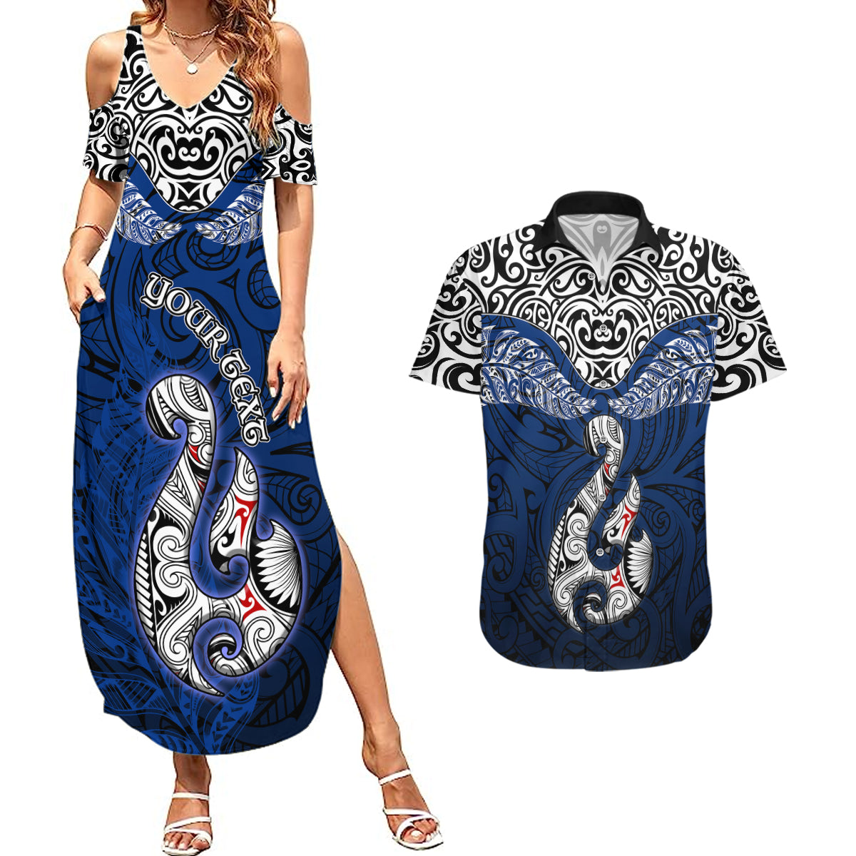 Custom Aotearoa New Zealand Couples Matching Summer Maxi Dress and Hawaiian Shirt Silver Fern and Matau with Maori Tribal Blue Style LT03 Blue - Polynesian Pride