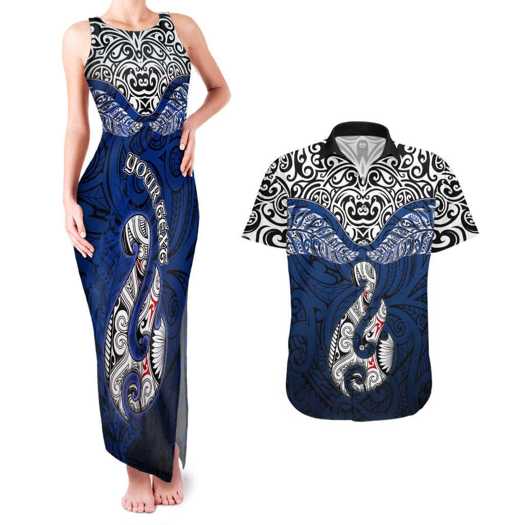 Custom Aotearoa New Zealand Couples Matching Tank Maxi Dress and Hawaiian Shirt Silver Fern and Matau with Maori Tribal Blue Style LT03 Blue - Polynesian Pride