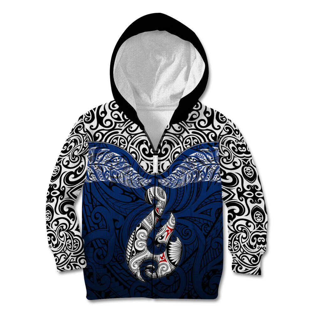 Custom Aotearoa New Zealand Kid Hoodie Silver Fern and Matau with Maori Tribal Blue Style LT03 - Polynesian Pride