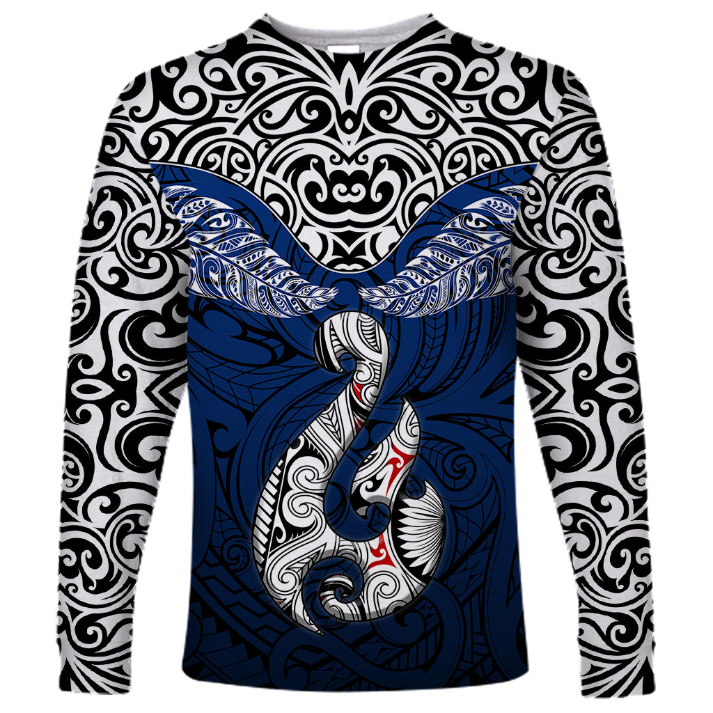 Custom Aotearoa New Zealand Long Sleeve Shirt Silver Fern and Matau with Maori Tribal Blue Style LT03 Unisex Blue - Polynesian Pride