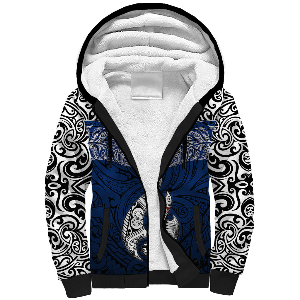 Custom Aotearoa New Zealand Sherpa Hoodie Silver Fern and Matau with Maori Tribal Blue Style LT03 Unisex Blue - Polynesian Pride