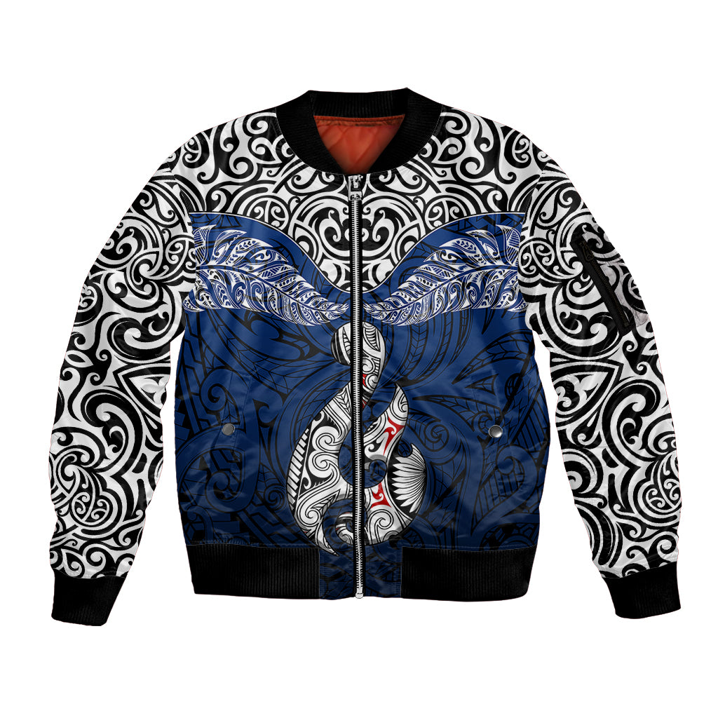 Custom Aotearoa New Zealand Sleeve Zip Bomber Jacket Silver Fern and Matau with Maori Tribal Blue Style LT03 Unisex Blue - Polynesian Pride